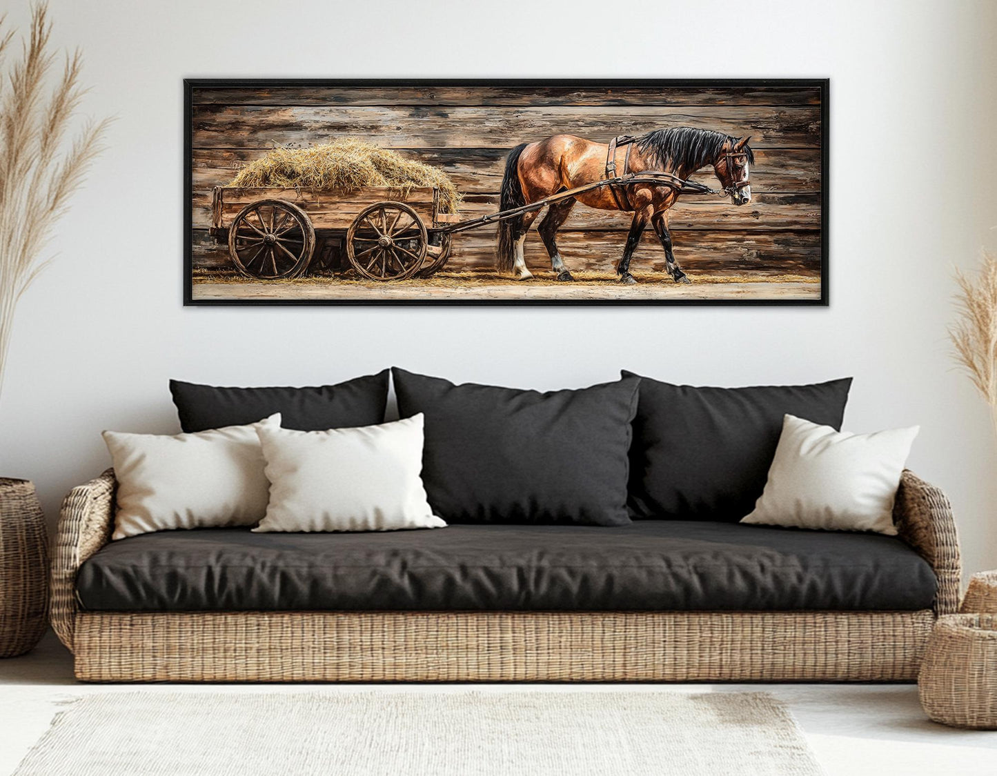 Horse Pulling Wooden Cart Rustic Wall Art – Framed Canvas Print Ready to Hang