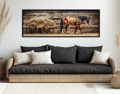 Horse Pulling Wooden Cart Rustic Wall Art – Framed Canvas Print Ready to Hang