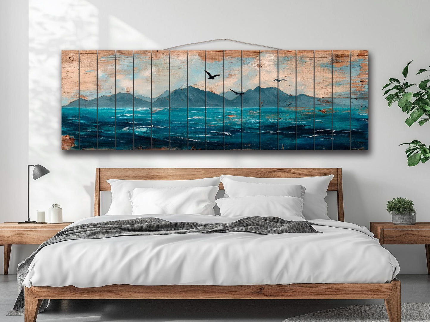 Scenic Wood Wall Art - Ocean with Mountains and Seagulls Painting Printed on Natural Wood, Nautical Wall Art, Rustic Sea Painting Print