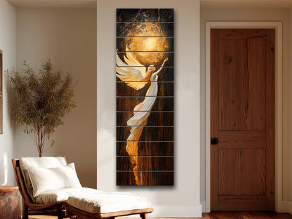 Wood Wall Art – Glowing Angel in White and Gold Robes – Rustic Spiritual Print, Christian Wall Art, Religious Wall Decor