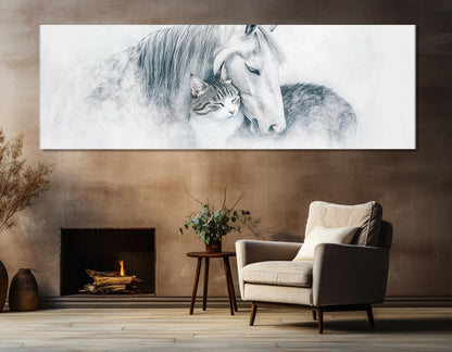 Horses And Cat Canvas - Framed Cotton Canvas Print | Minimalist Wall Art Decor