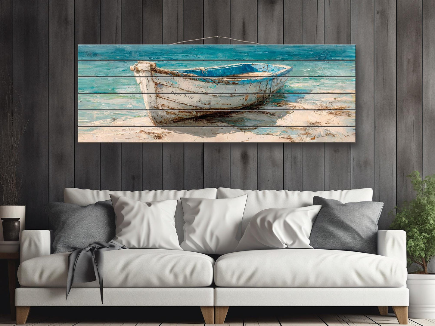 Rowboat Print Wood - Coastal Wall Art | Rustic Seaside Decor On Light Wood