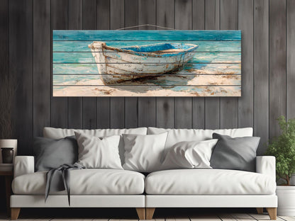 Rowboat Print Wood - Coastal Wall Art | Rustic Seaside Decor On Light Wood