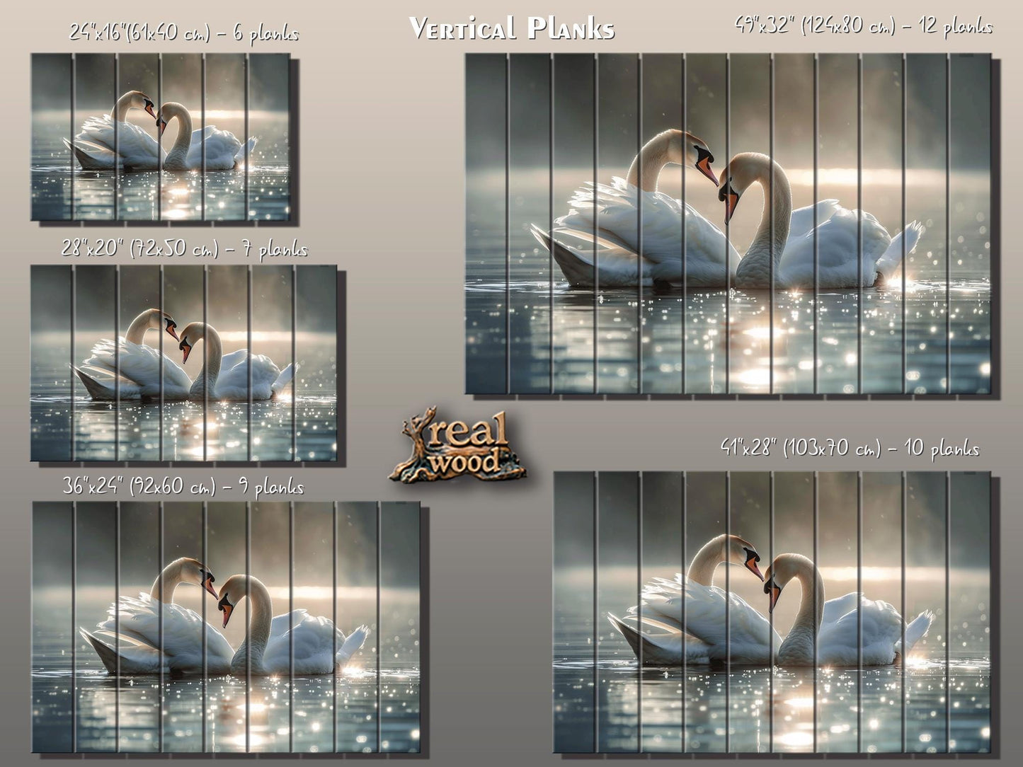 Wood Wall Art - Swans Couple Painting on Natural Wood Planks | Romantic Anniversary Gift