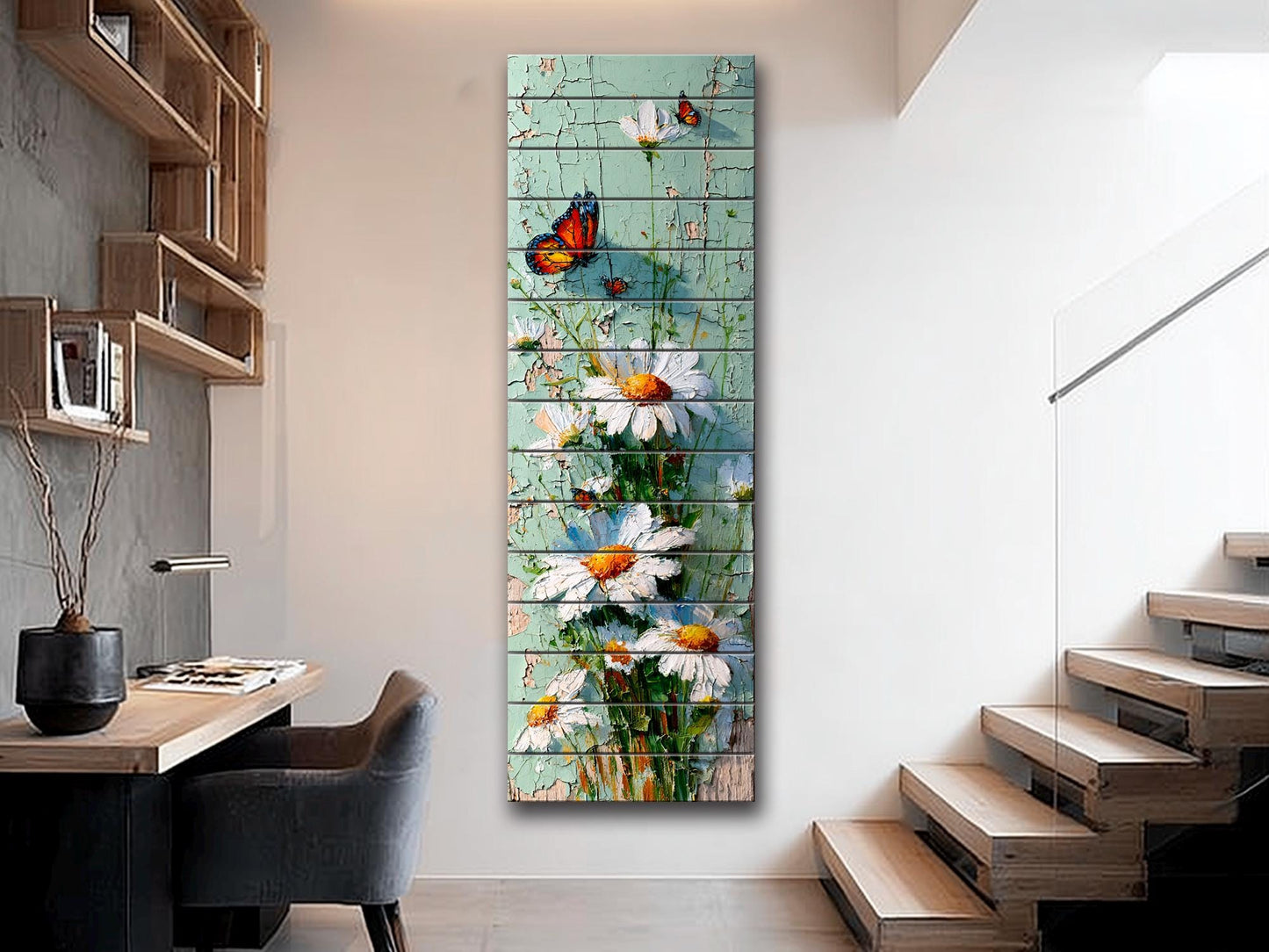 Butterfly and Daisies Wall Art – Rustic Floral Decor on Wooden Panels for Farmhouse Style