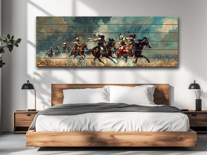 Native Americans Wood Print - UV Printed Wood Panel with Horseback Battle Scene