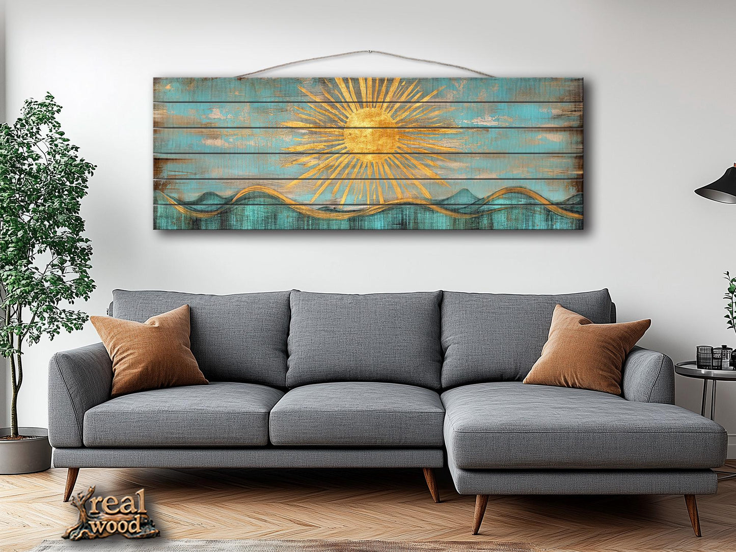 Abstract Golden Sun Over Turquoise Waves Print on Natural Wood, Boho Sunrise Print, Rustic Sun Painting, Boho Wall Decor, Wood in Interior