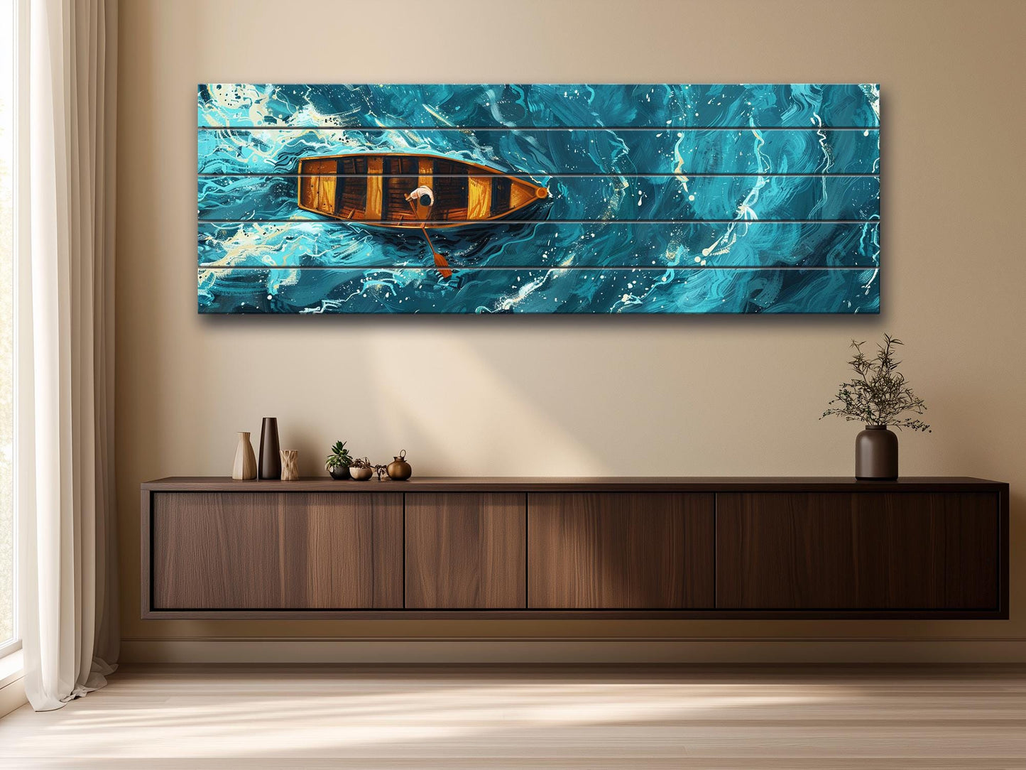 Wood Wall Art – Overhead Rowboat Print on Natural Wood Planks | Colorful Rustic Decor
