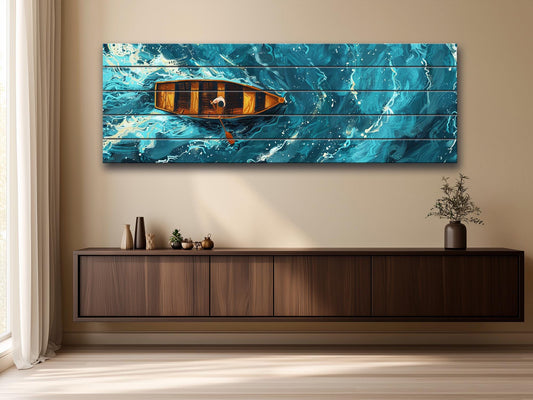 Wood Wall Art – Overhead Rowboat Print on Natural Wood Planks | Colorful Rustic Decor