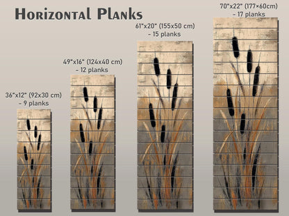 Cattails Abstract Art Print on Wood, Neutral Textured Nature Painting, Rustic Wall Decor