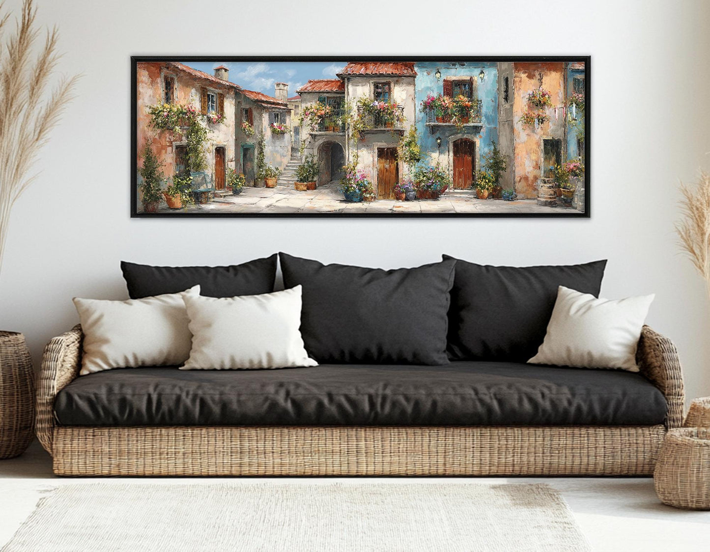Italian Town Street Canvas – Framed Cotton Print With Flower Balconies Art & Floating Frame