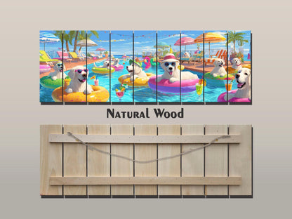 Golden Retriever Wall Art – Playful Pool Party Dog Print on Rustic Wood