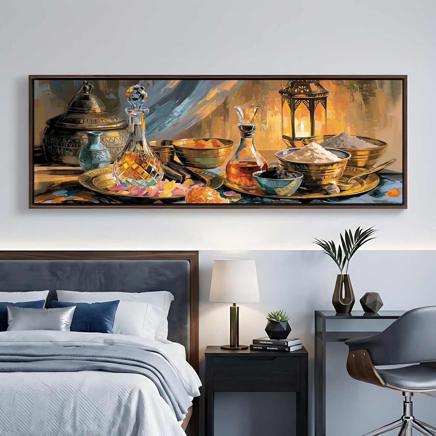 a bedroom with a large painting of various food items and kitchenware hanging on the wall above a bed.