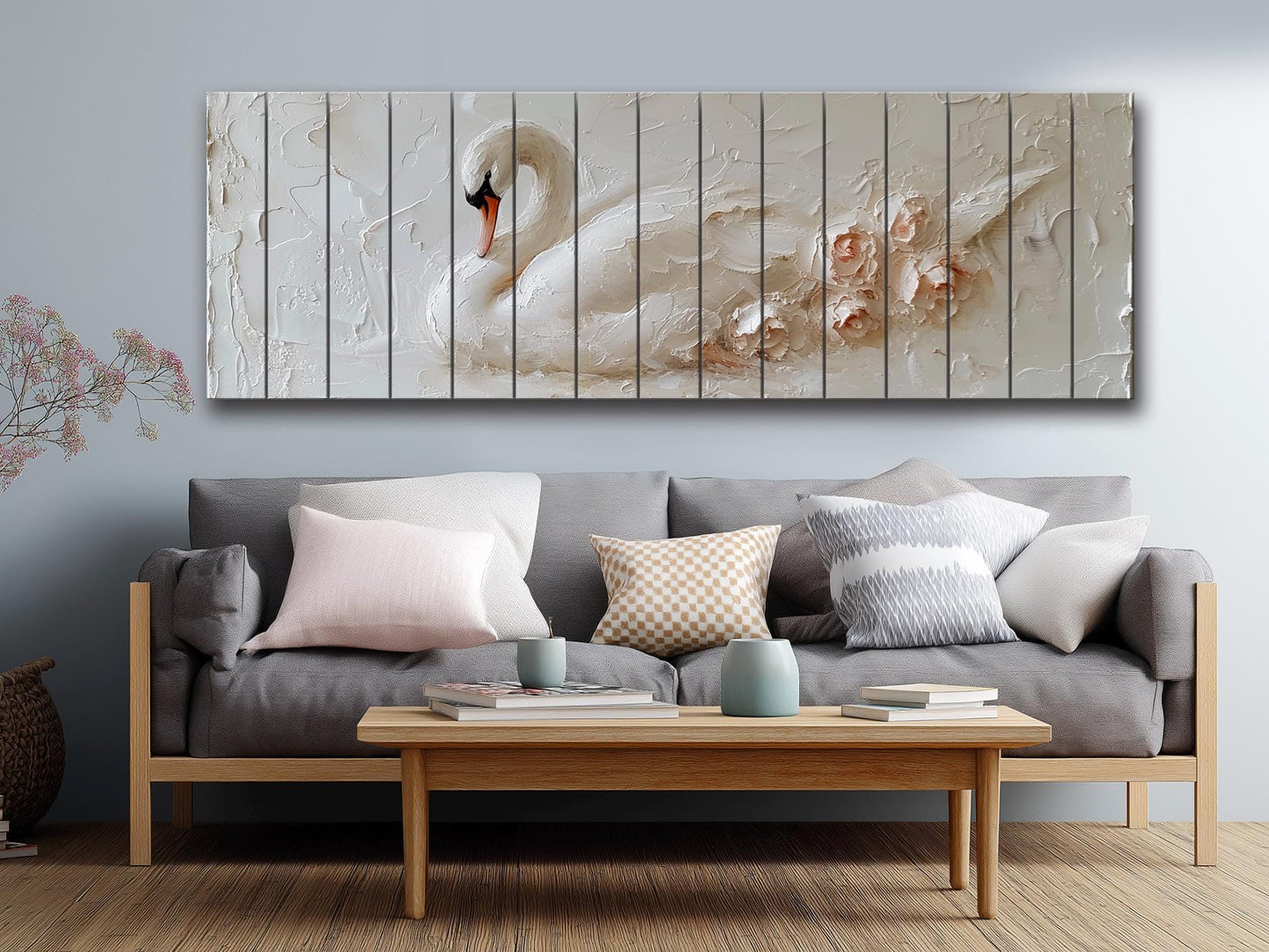 White Swan Wall Art – Natural Wood Print | Minimalist Wood Plank Art