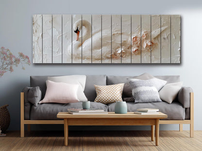 White Swan Wall Art – Natural Wood Print | Minimalist Wood Plank Art