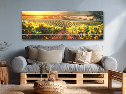 Vineyard Wood Print – Rustic Wood Wall Art with Sunlit Vineyard Landscape