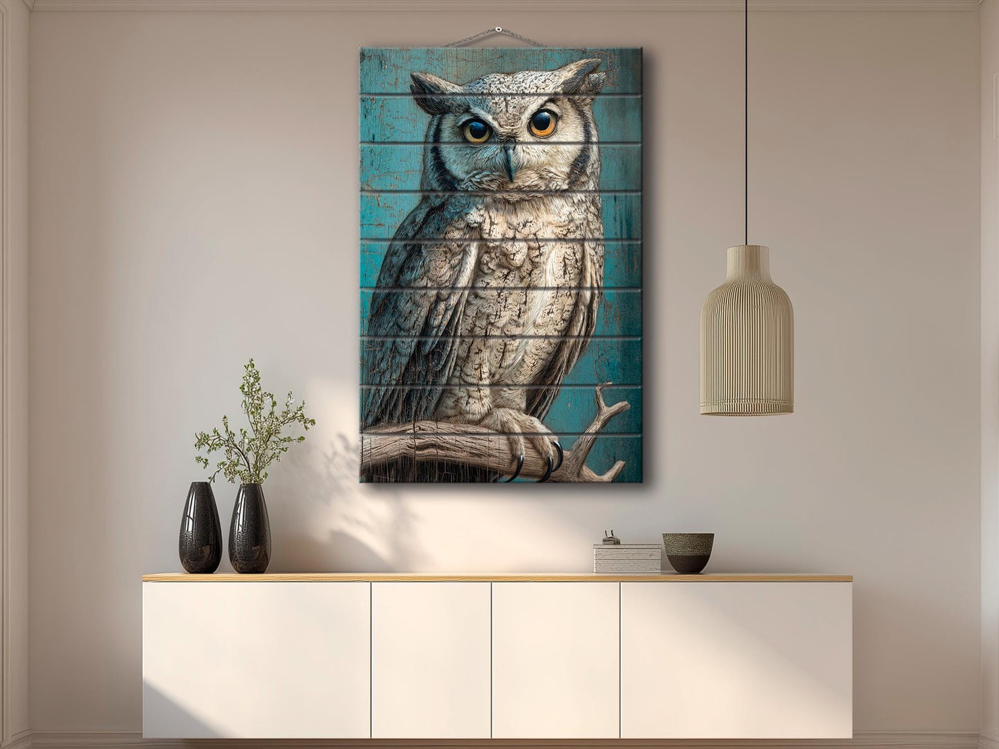 Wood Wall Art – Piercing Owl Wood Print on Linden Planks | Rustic Farmhouse Decor