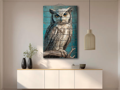 Wood Wall Art – Piercing Owl Wood Print on Linden Planks | Rustic Farmhouse Decor