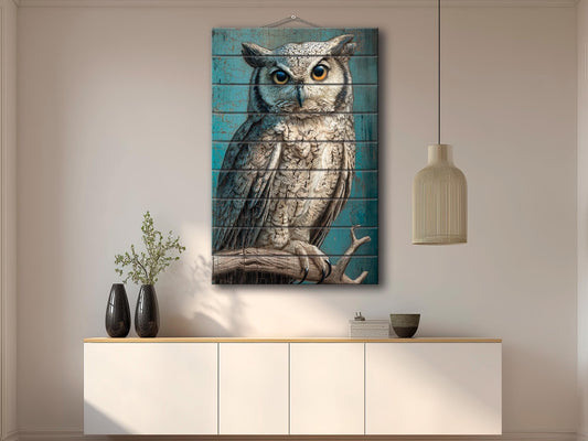 Wood Wall Art – Piercing Owl Wood Print on Linden Planks | Rustic Farmhouse Decor