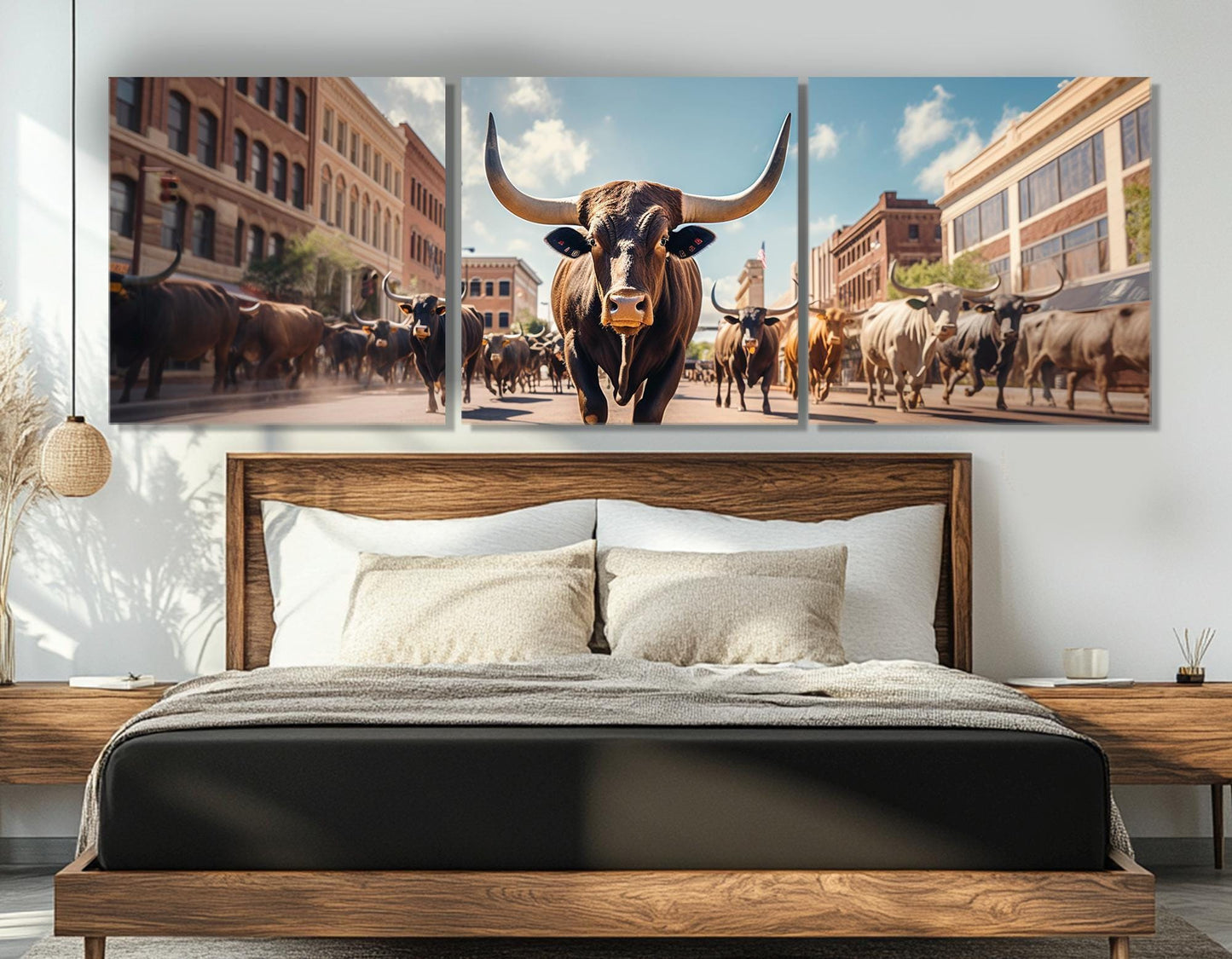 Fort Worth Bulls Canvas Framed Cotton Print – Running Bulls Poster | Ready to Hang Art