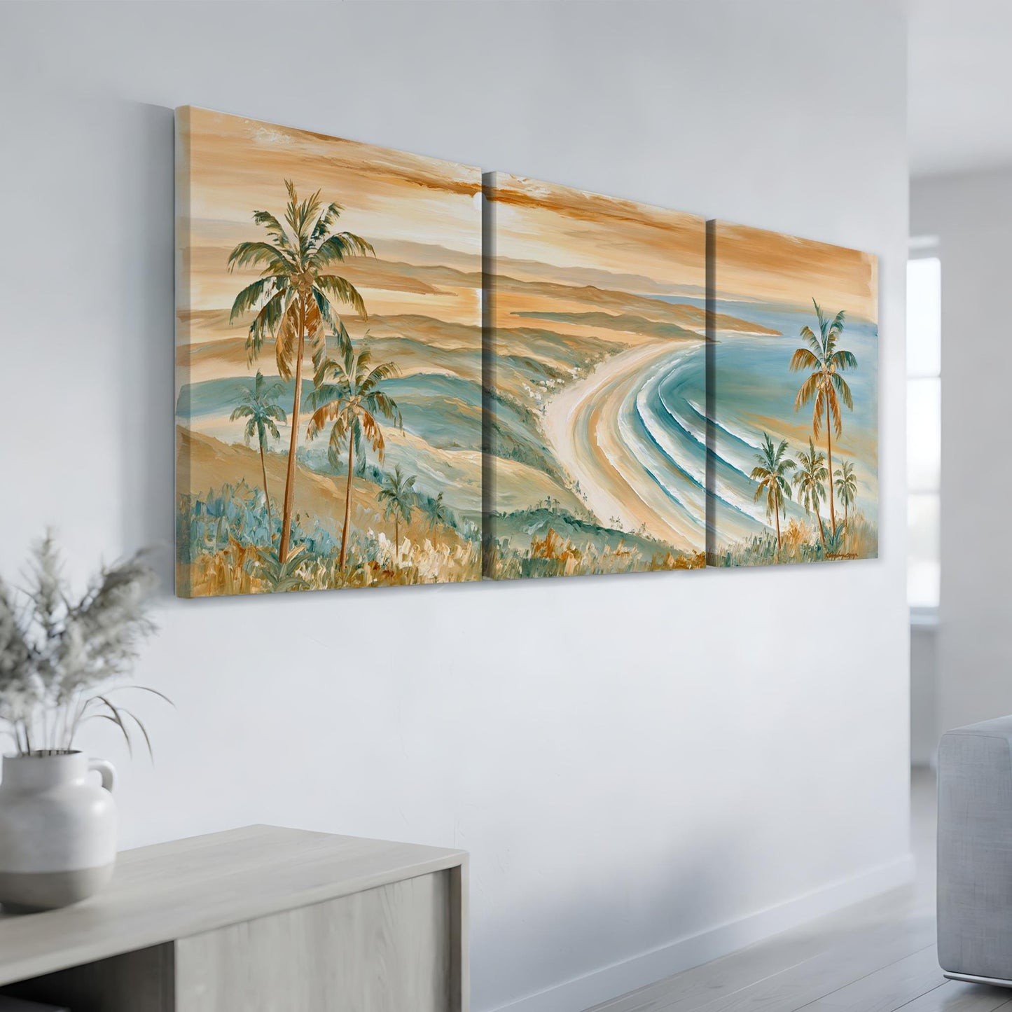a large, three-panel painting of a tropical beach scene with palm trees, a sandy beach, and a body of water.