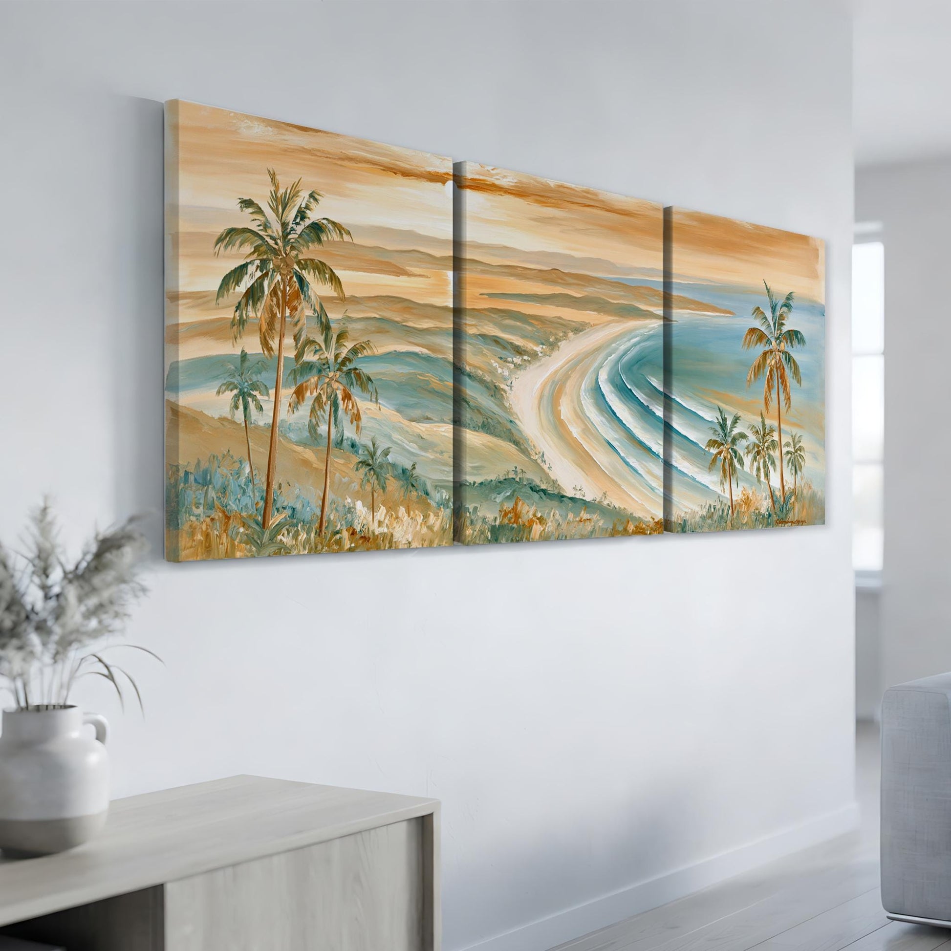 a large, three-panel painting of a tropical beach scene with palm trees, a sandy beach, and a body of water.