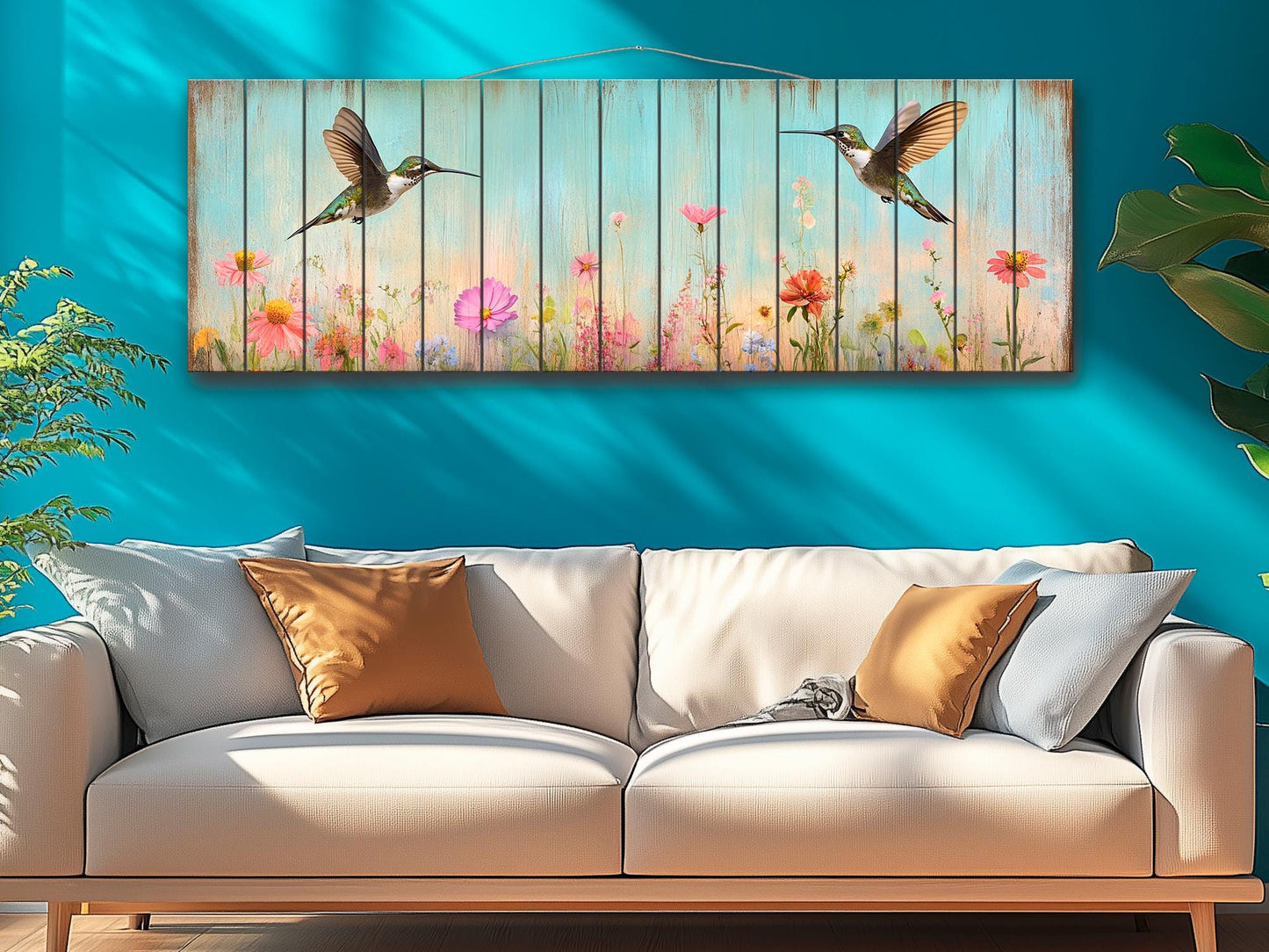 Rustic Wood Wall Art - Hummingbirds Around Wildflowers Print on Natural Wood, Birds Wall Art, Hummingbirds Print, Rustic Landscape Print