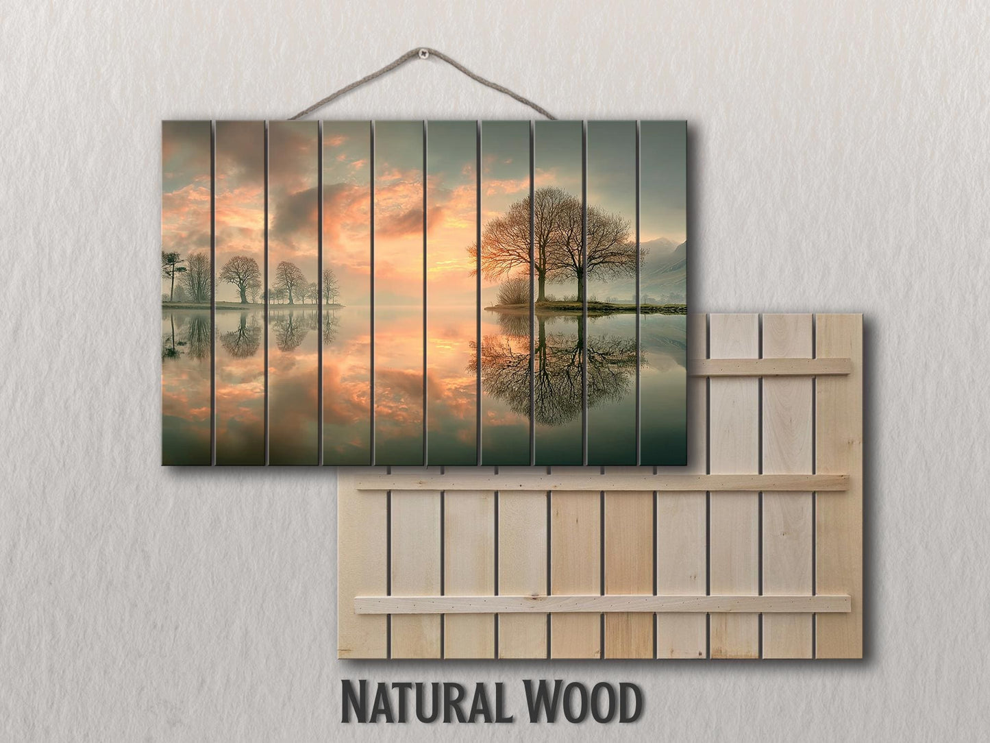 Sunset Lake Print on Wood, Trees Reflection Landscape, Rustic Nature Wall Decor