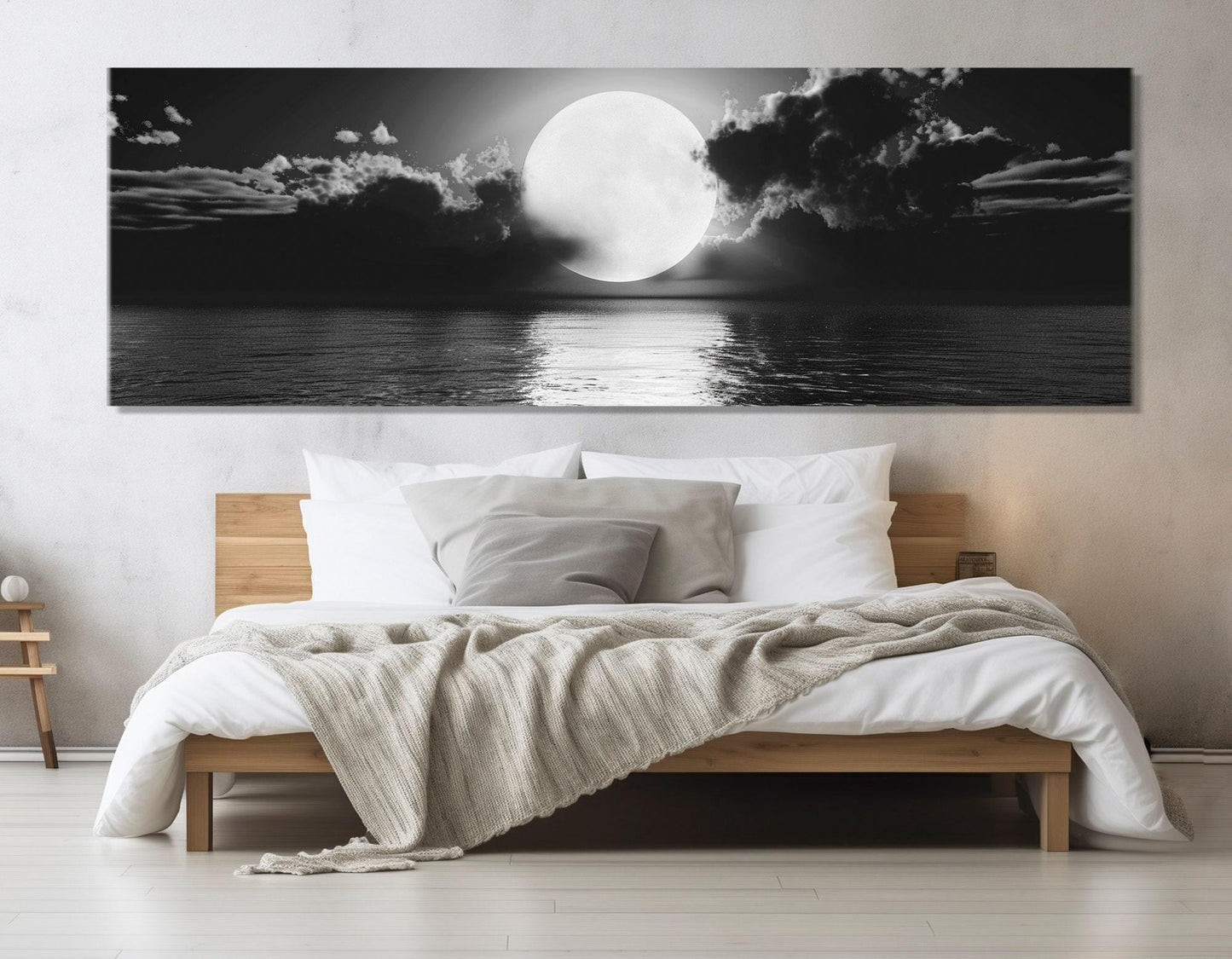 Moon Canvas Print – Scenic Moon Over Sea | Black And White Art | Ready To Hang
