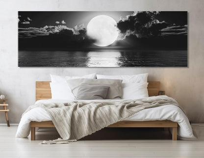 Moon Canvas Print – Scenic Moon Over Sea | Black And White Art | Ready To Hang
