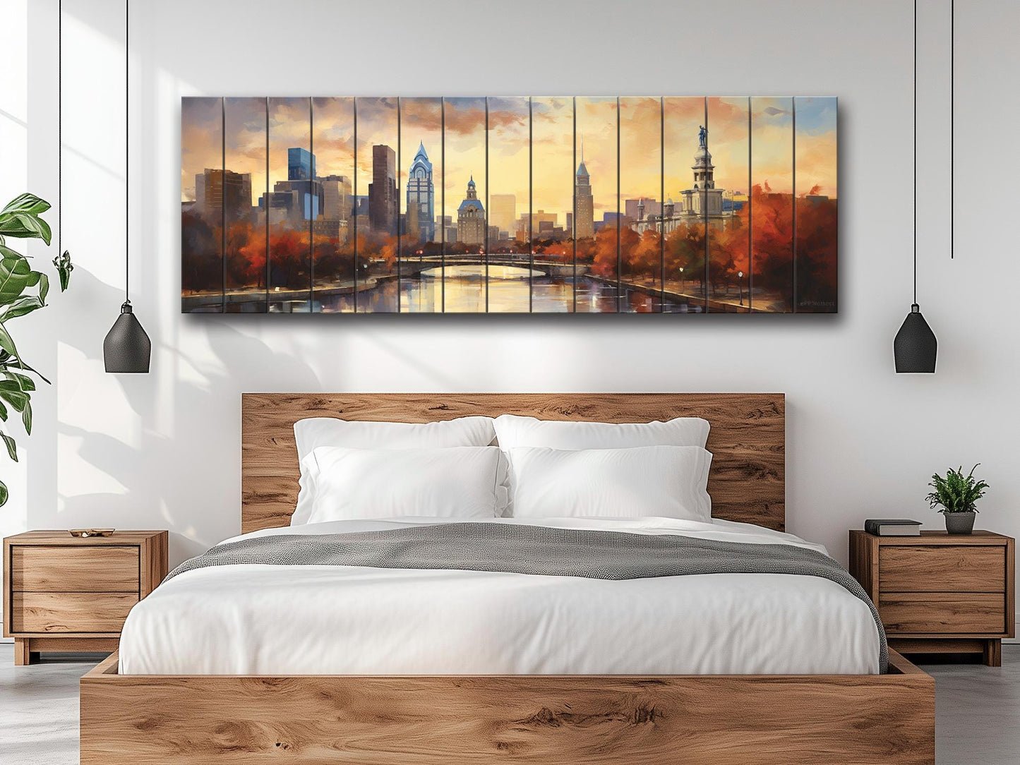 Philadelphia Wood Wall Art – Rustic Abstract Skyline Print on Natural Wood Grain