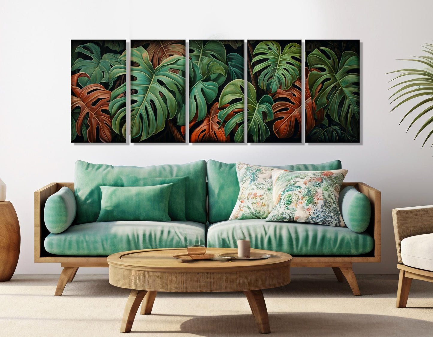 Philodendron Leaves Canvas – Framed Canvas Wall Decor with Rustic Wildflowers Print on Cotton