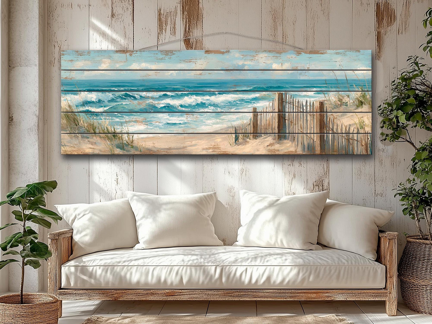 Wood Wall Art – Scenic Beach Wall Decor with Driftwood Fence & Sandy Dunes Print