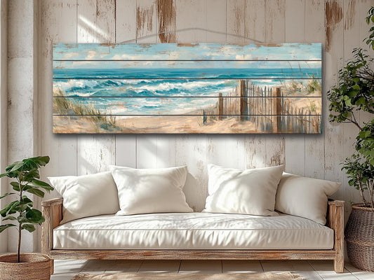 Wood Wall Art – Scenic Beach Wall Decor with Driftwood Fence & Sandy Dunes Print