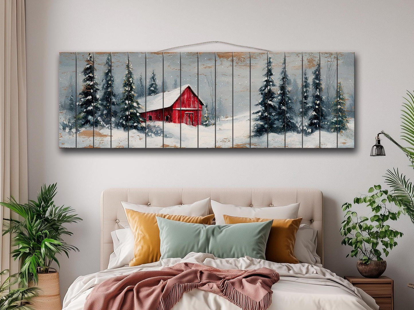 Peaceful Snowy Landscape with Red Barn and Pine Trees Print on Natural Wood, Rustic Cabin Wall Decor, Winter Forest Wall Art, Wood Wall Art