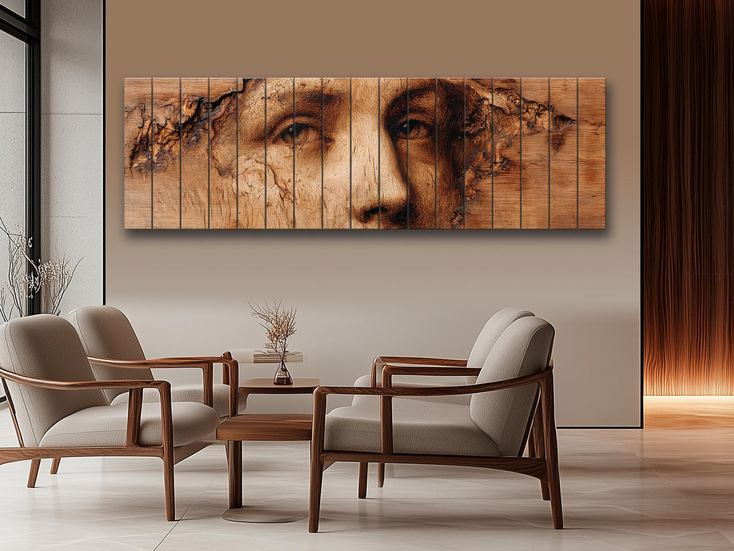 Burned Face Wood Print – Rustic Wood Art | Textured Wall Decor, Abstract Portrait
