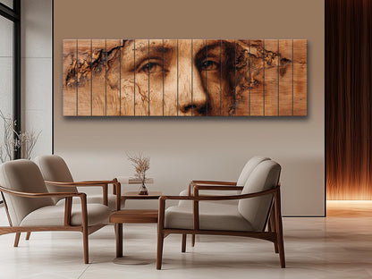 Burned Face Wood Print – Rustic Wood Art | Textured Wall Decor, Abstract Portrait