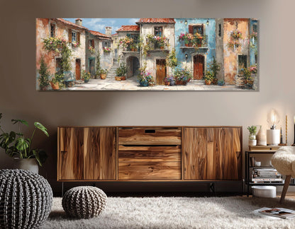 Italian Town Street Canvas – Framed Cotton Print With Flower Balconies Art & Floating Frame