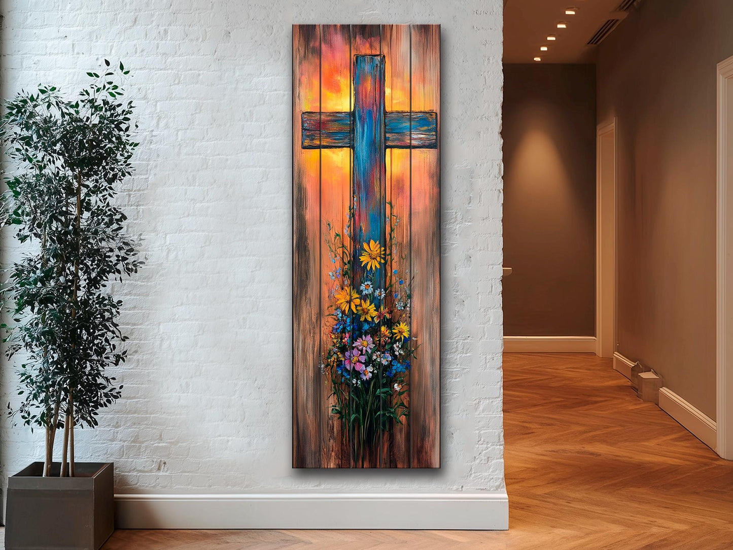Rustic Cross with Wildflowers Painting Printed on Natural Wood – Christian Print on Wood, Religious Wall Art, Christian Wall Decor