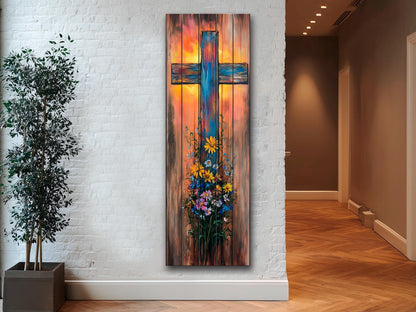 Rustic Cross with Wildflowers Painting Printed on Natural Wood – Christian Print on Wood, Religious Wall Art, Christian Wall Decor