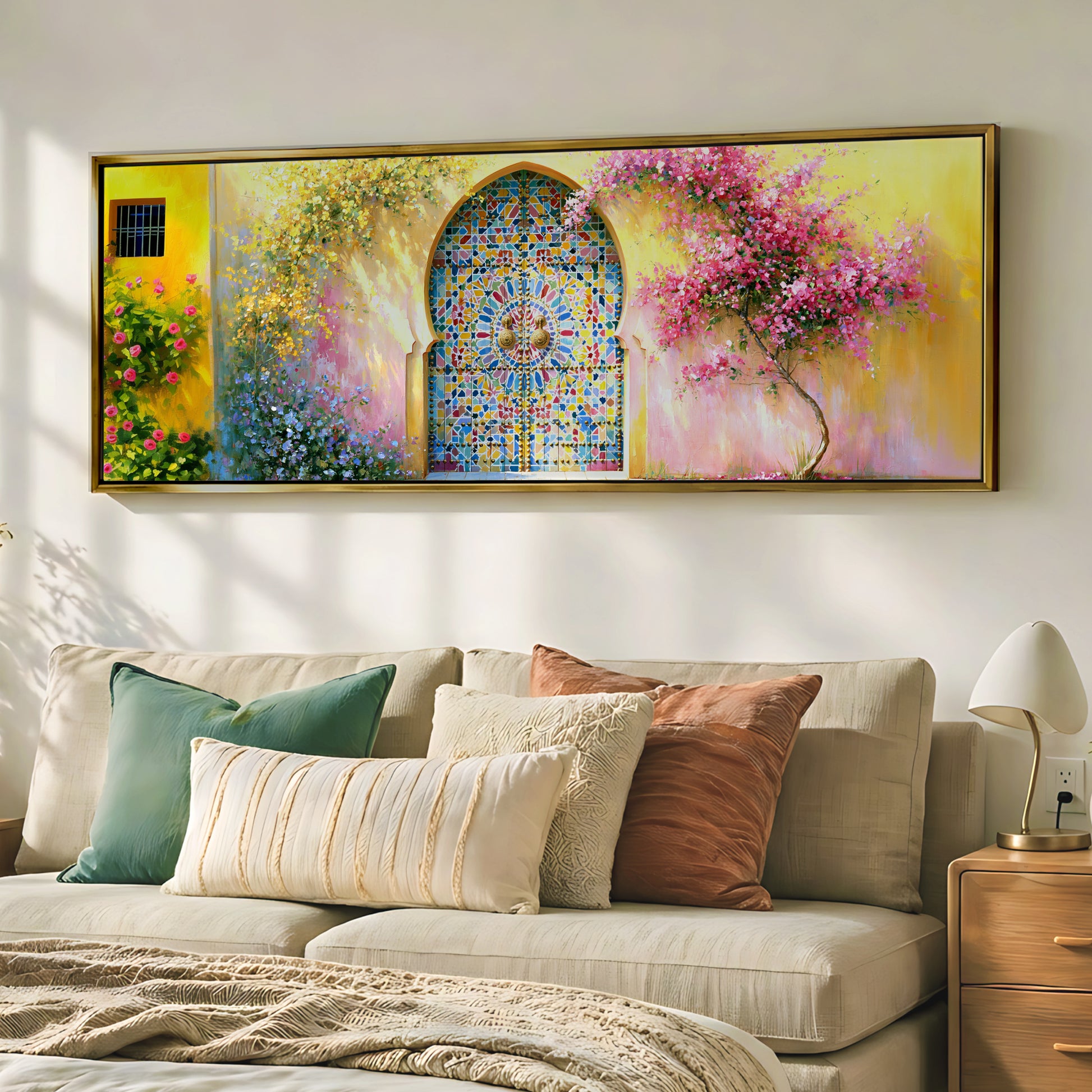 a large, colorful painting of a floral scene hanging on a wall above a beige couch with various pillows.