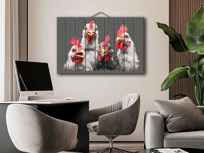 Happy Chickens Wood Print – Rustic Farmhouse Wall Art | Wood Plank Artwork