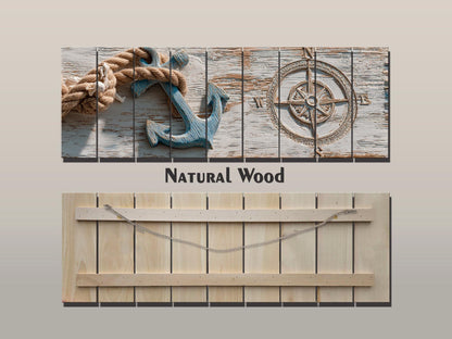 Nautical Anchor Wall Art – Rustic Coastal Wood Print With Rope Compass Design