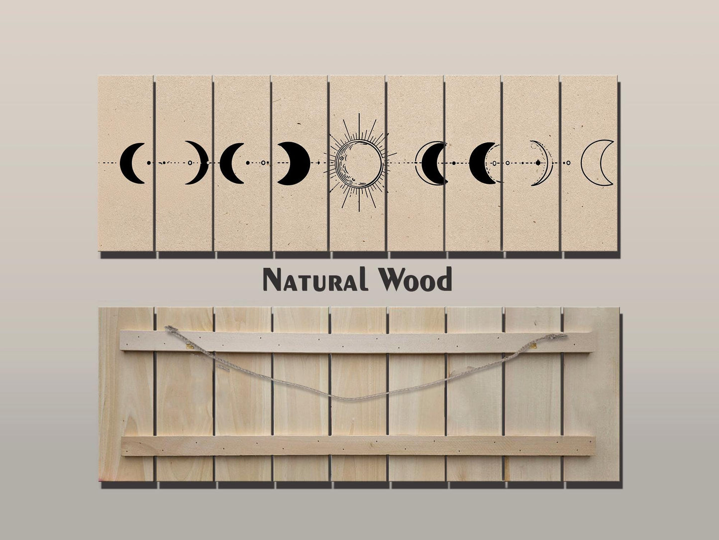 Moon Phases Print on Wood, Minimalist Lunar Cycle Painting, Rustic Wall Decor, Boho Wall Art