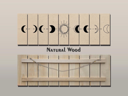 Moon Phases Print on Wood, Minimalist Lunar Cycle Painting, Rustic Wall Decor, Boho Wall Art