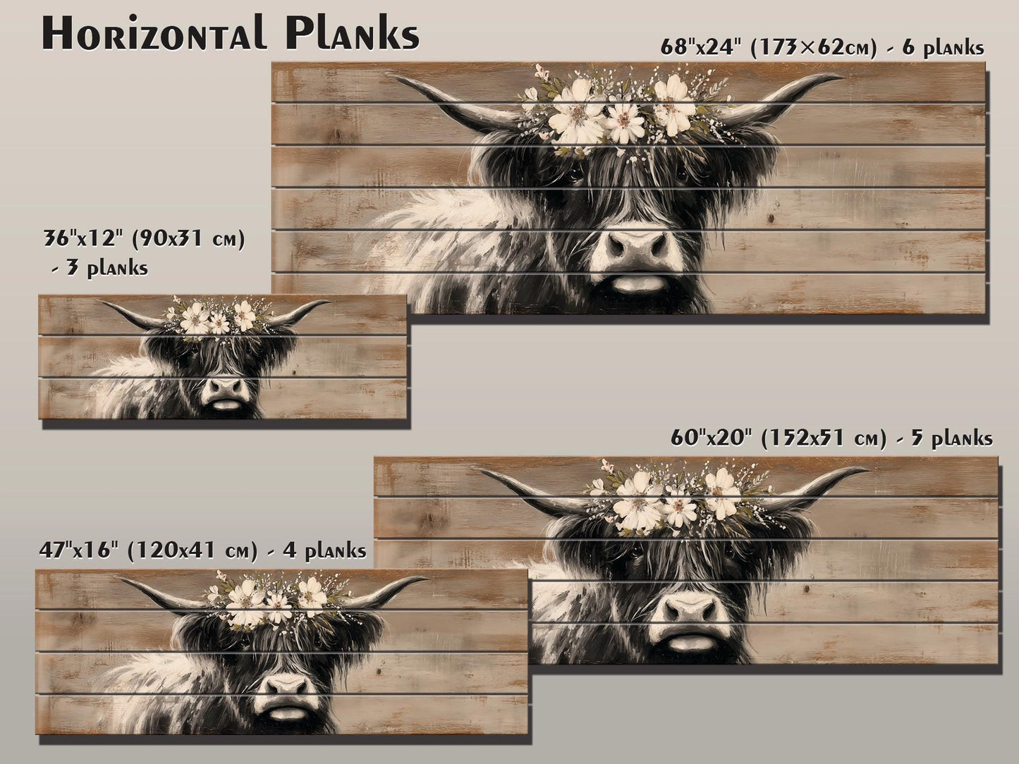 Highland Cow Wall Art – Rustic Wood Art Print | Farmhouse Wall Decor Floral Cow Print