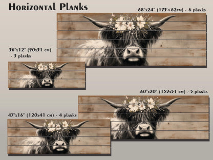 Highland Cow Wall Art – Rustic Wood Art Print | Farmhouse Wall Decor Floral Cow Print