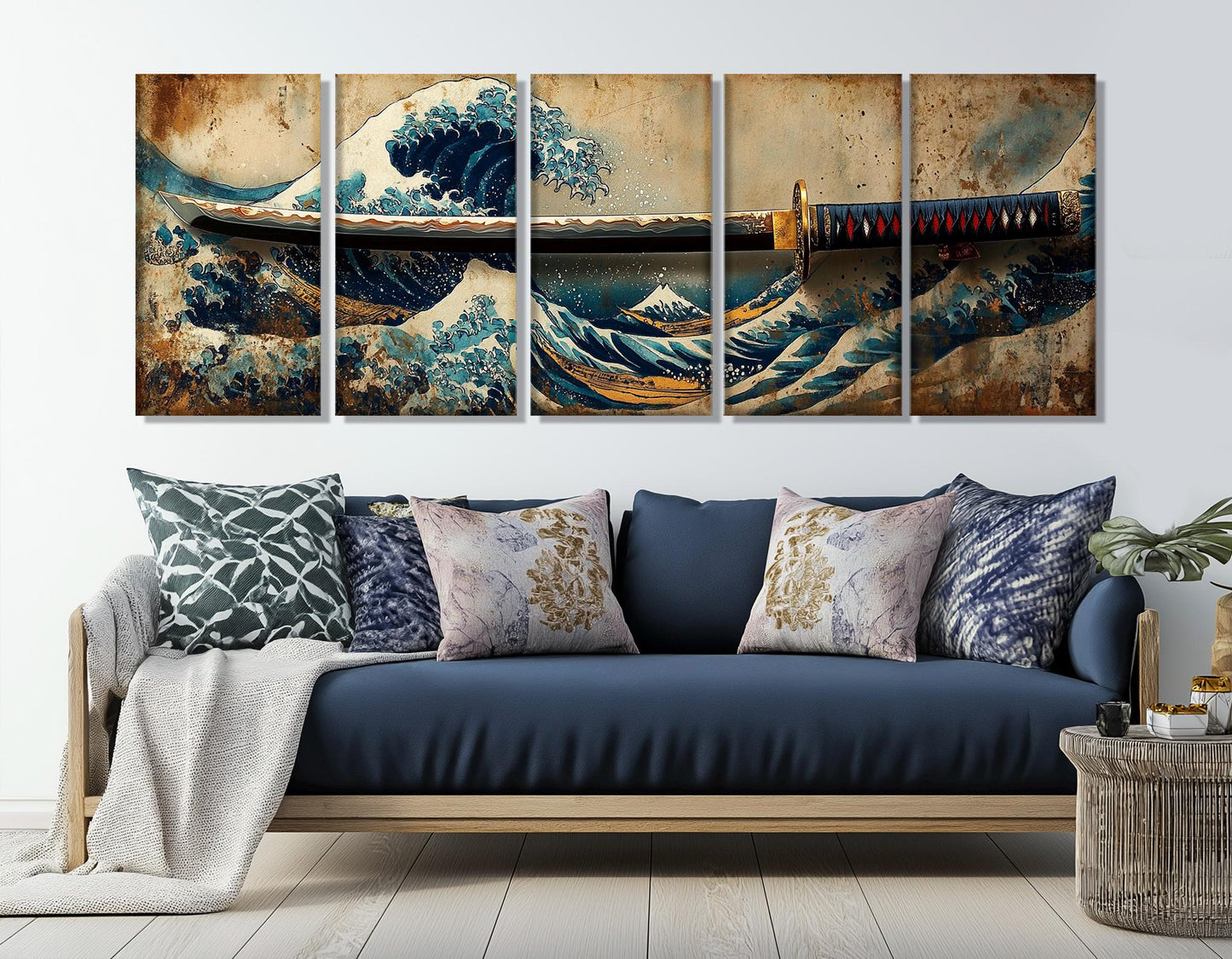 Japanese Wall Art – Samurai Sword Canvas with Great Wave Print | Framed Canvas Art Ready to Hang
