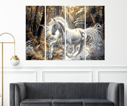 White Horse Canvas - Fantasy Horse Print in Golden Forest | Framed Canvas Art Ready to Hang