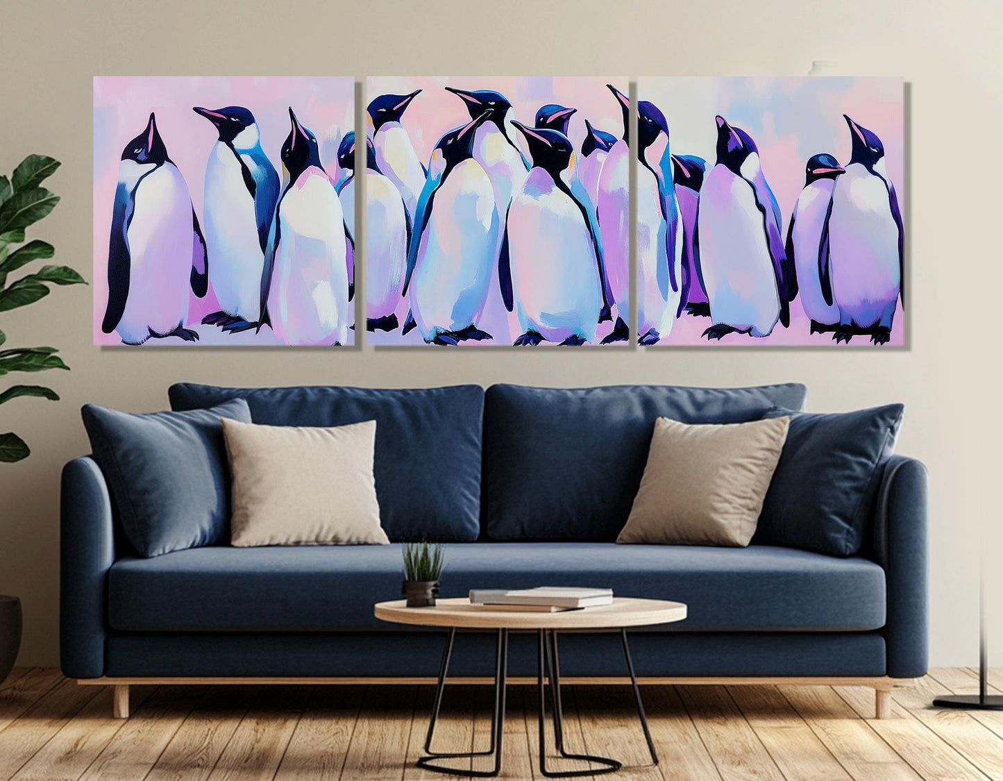 Penguin Family Canvas Print – Large Framed Penguins Painting Art on Cotton Canvas